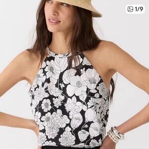 J Crew Womens 100% Linen Floral Halter Neck Top - Black and White XXL